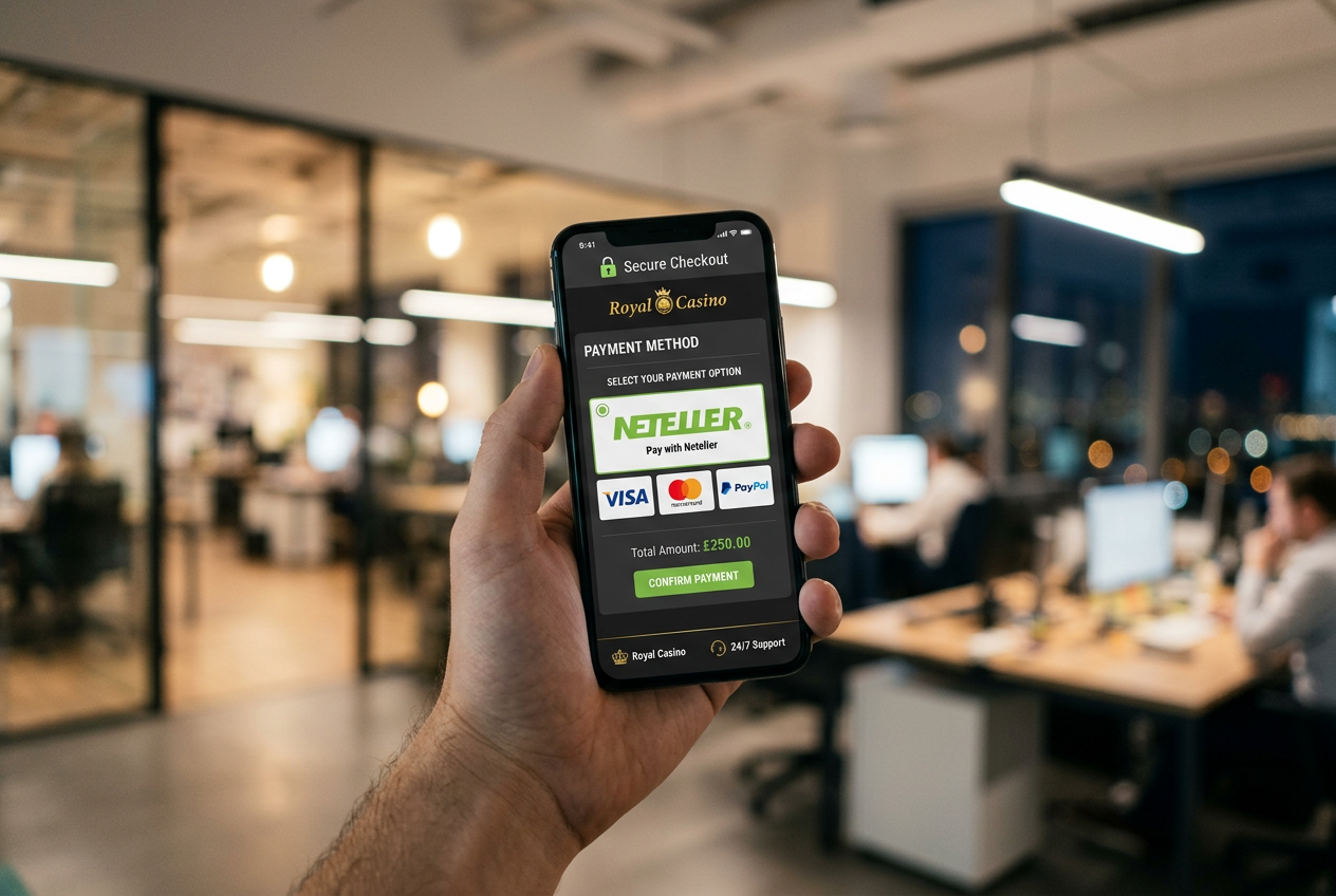 A digital interface showing online casino games and the Neteller payment logo.