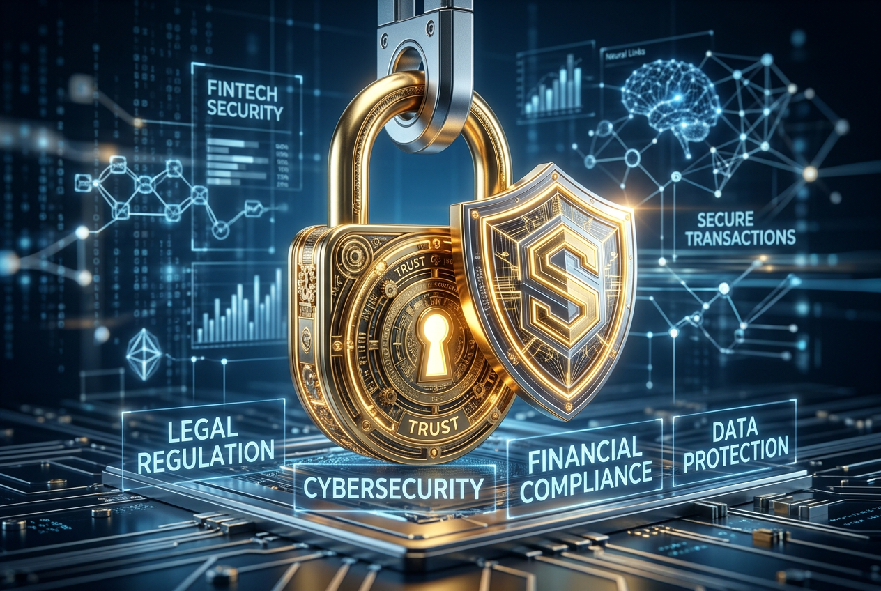 Digital security icons and symbols of trust representing legal compliance.