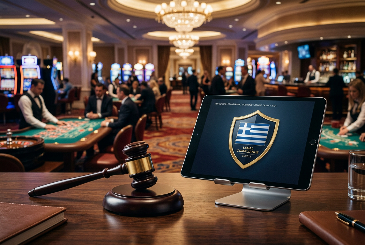Legal documents and a gavel representing Greek gambling laws.